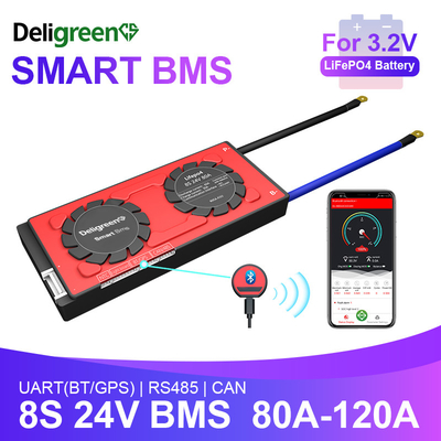 Deligreen Smart Bms Lifepo4 แบตเตอรี่ 8S 24v 80-120A พร้อม UART BT 485 CAN ฟังก์ชันสําหรับการเก็บของภายนอก RV